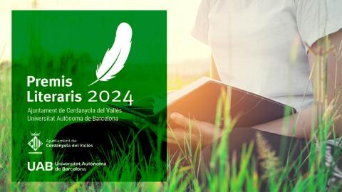 Imatge del logotip premis literaris del 2024 sobre una fotografia d'una estudiant a la gespa de la UAB